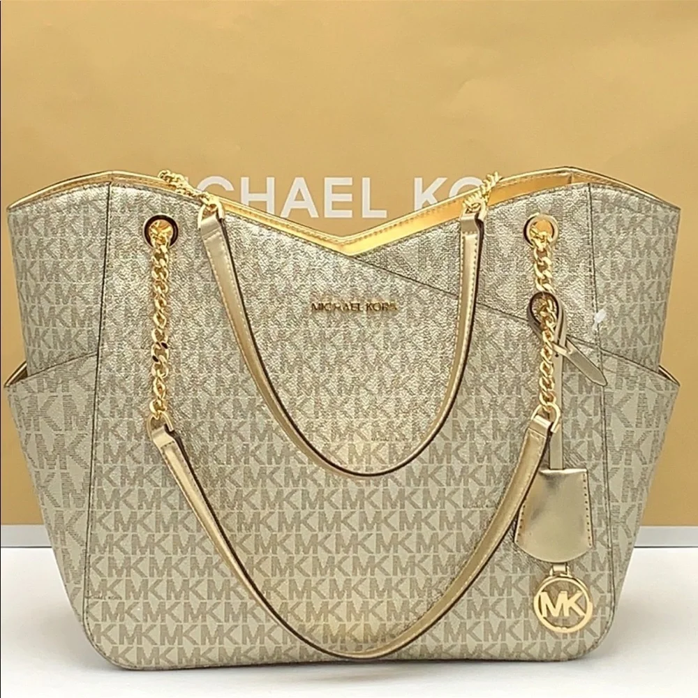 MICHAEL KORS LARGE X CHAIN SHOULDER TOTE BAG PALE GOLD COLOR
